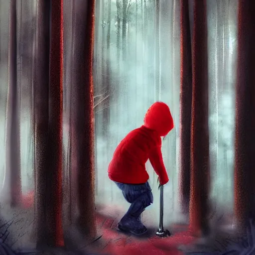 Prompt: boy in red is knocking the front door of a cabine in a forest, detailed, strong lighting, very conherent, by campion, pascale, trending on artstation