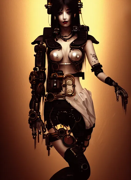 Image similar to soft lustrous ivory ebony geisha raver gutter punk gothic steampunk cyborg, golden ratio, details, scifi, fantasy, cyberpunk, intricate, decadent, highly detailed, digital painting, octane render, artstation, concept art, smooth, sharp focus, illustration, art by artgerm, loish, wlop