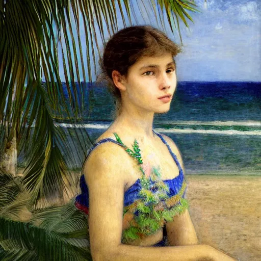 Image similar to a ultradetailed beautiful painting of a girl in the amazonas palace designed by jules bastien - lepage, hans belmer, frank weston and gustave baumann, beach, trending on artstation, mediterranean, palm trees, refracted color sparkles, sharp focus, soft light, 8 k 4 k