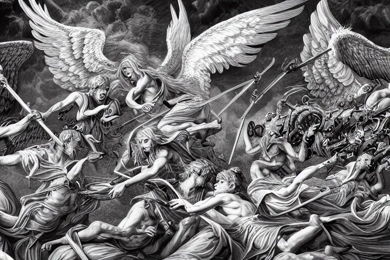 Image similar to hyper detailed digital illustration of angels battling demons