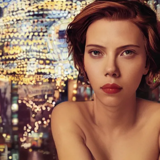 Image similar to scarlett johansson as motoko kuzanagi, photography, portrait, neon lamp, insanely detailed and intricate, hypermaximalist, elegant, ornate, hyper realistic, super detailed, medium shot, annie leibowitz