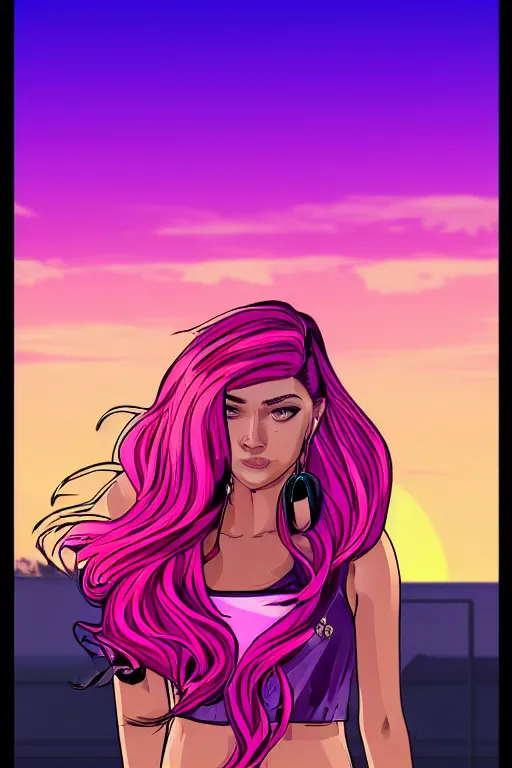 Image similar to a stunning GTA V loading screen with a beautiful woman with ombre purple pink hairstyle, hair blowing in the wind, hoop earrings, sunset mood, outrun, vaporware, retro, digital art, trending on artstation