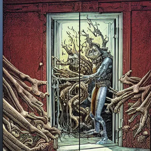 Prompt: a door opening an impossible nightmare beyond comprehension, very very detailed painting by geof darrow and greg rutowski and hr giger