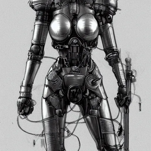 Prompt: 2D pencil drawing, retrofuturism, medieval female knight with cybernetic implants and modern devices, artstation, ambient, cgsociety