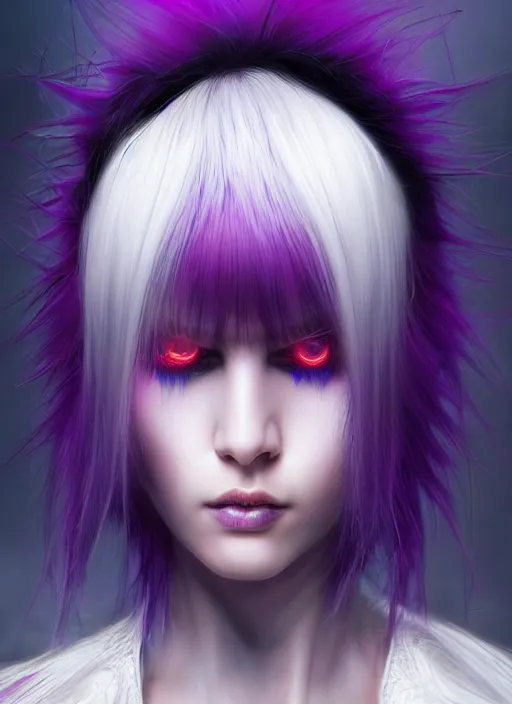 Image similar to hair whitebangs hair, black cyberlox, portrait of normal teenage girl, white bangs, messy bangs, fluffy bangs, cyberlox, whitebangs, red irises, purple background, intricate, elegant, highly detailed, digital painting, artstation, concept art, sharp focus, smooth, illustration, art by wlop, mars ravelo and greg rutkowski