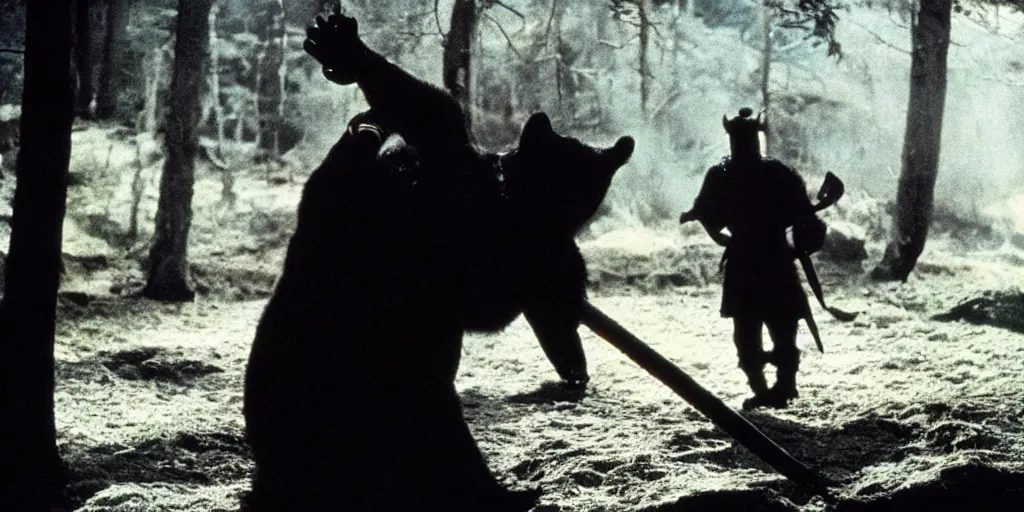 Prompt: scene from Shogun’s Shadow, 1989, movie still, cinematic, anthropomorphic, half man half asian black bear, black bear samurai, epic, samurai