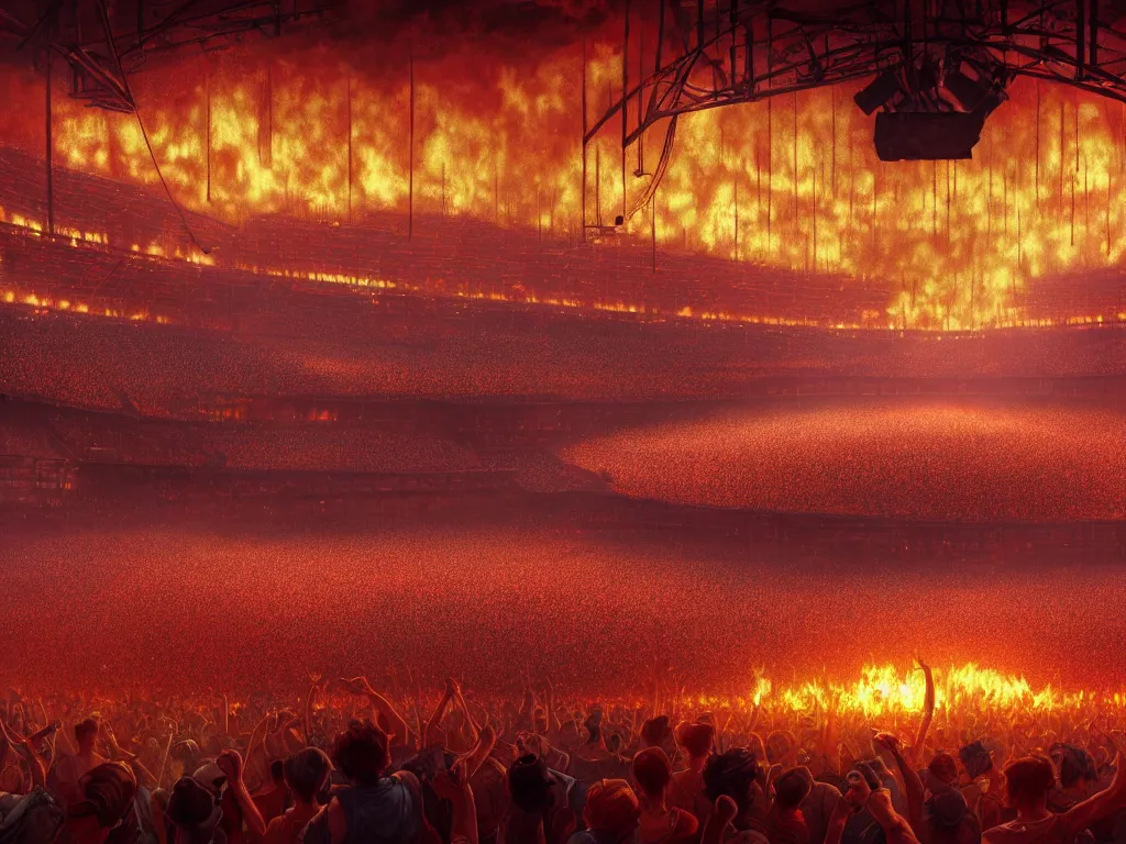 Image similar to a large concert stadium in hell, brightly lit stage centered and on fire, high contrast, stage lighting, pyrotechnics, ghibli animated film, volumetric lighting, octane render by stanley artgerm lau, greg rutkowski, thomas kindkade, alphonse mucha, loish, norman rockwel,