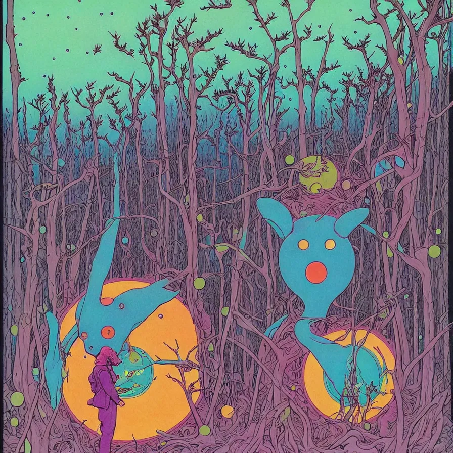 Image similar to ( ( ( ( ( forest and cute creatures on a mysterious planet ) ) ) ) ) by mœbius!!!!!!!!!!!!!!!!!!!!!!!!!!!, overdetailed art, colorful, record jacket