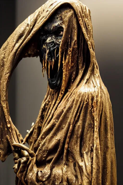 Prompt: photo taken of an epic intricate, ultra detailed, super realistic sculpture of a wet bloodied slimy nightmarish hellish demonic hooded grim reaper sculpture on display in a workshop, created by weta workshop, full body shots, photorealistic, sharp focus, f 0. 4, face centred, macro photography, golden ratio, golden hour