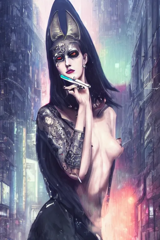 Image similar to beautiful portrait of a tall sensual female anubis smoking a cigarette in a bustling crowd of a rainy city street, goth punk clothes, cyberpunk, harsh neon lights, highly detailed, sharp focus, digital painting, illustration, trending on artstation, art by sakimichan, wlop, greg rutkowski