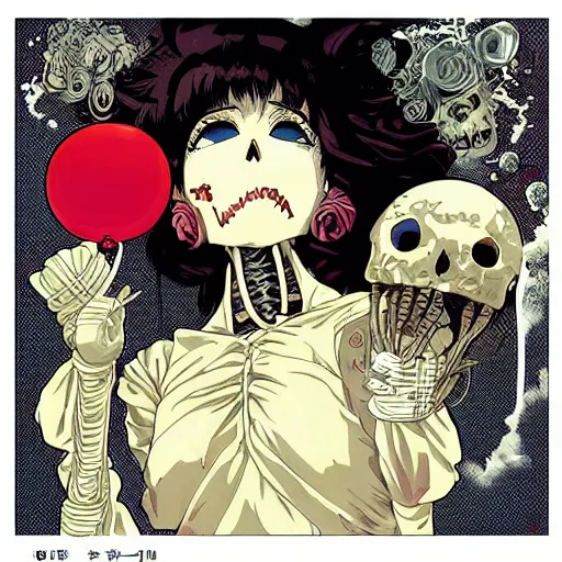 Prompt: anime manga skull portrait girl female skeleton holding balloon clouds in background illustration detailed patterns art Geof Darrow and Phil hale and Ashley wood and Ilya repin alphonse mucha pop art nouveau