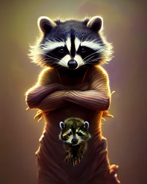 Prompt: Very cute Racoon, (((artstation, concept art, smooth, sharp focus, artgerm, Tomasz Alen Kopera, Peter Mohrbacher, donato giancola, Joseph Christian Leyendecker, WLOP, Boris Vallejo))), octane render, unreal engine, 3d render, , octane render, nvidia raytracing demo, grainy, muted