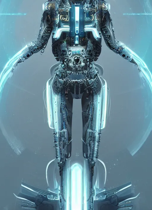 Image similar to benevolent cyborg necromancer, scifi, futurism, helpful, kind, intelligent, alien room background, white, blue, gold, highly detailed, trending on artstation, soft light, sharp edges, illustration, technology, art by vitaly bulgarov and nivanh chanthara