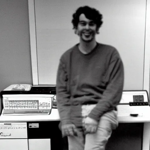 Image similar to a photo of a man sitting infront of a 1 9 9 0 s computer, he is smilling at the camera, he is a 3 meters away from the camera, light coming from the camera, taken on a 1 9 9 0 s camera.