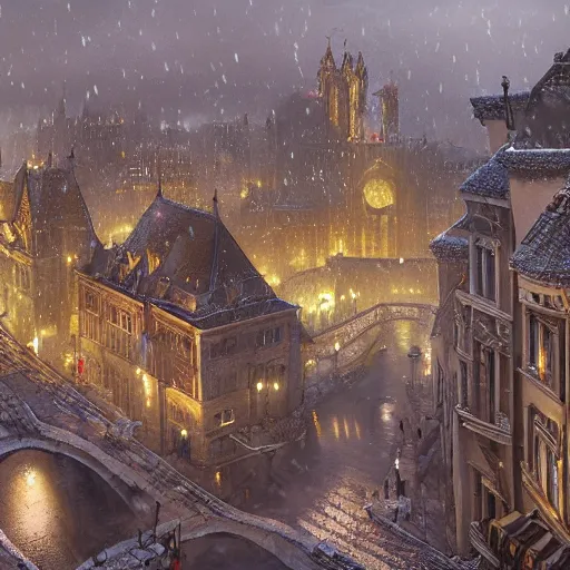 Prompt: an ultra detailed matte painting of the quaint capital city of galic, grid shaped city cobblestone streets, fantasy city, light snowfall, wind, inspiring gothic architecture, ultrawide lense, aerial photography, unreal engine, exquisite detail, 8 k, art by greg rutkowski and alphonse mucha