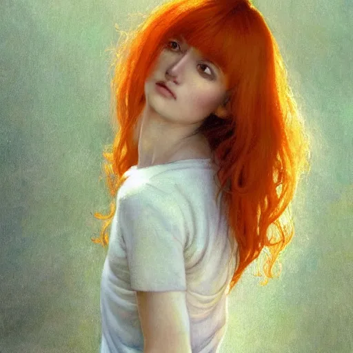 Prompt: A young woman with orange long hair and bangs in shorts and white shirt drawn by Donato Giancola and Makoto Shinkai, frank frazetta, Alphonse Mucha, background by James Jean and Gustav Klimt, 4k, porcelain skin, volumetric lighting, french nouveau, trending on artstation, octane render, hyperrealistic