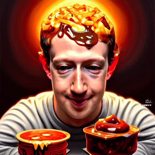 Image similar to Mark Zuckerberg eating big macs, dripping BBQ Sauce, serving happy meals, D&D, spilling ketchup, fantasy, intricate, elegant, highly detailed, digital painting, artstation, concept art, matte, sharp focus, illustration, hearthstone, art by Artgerm and Greg Rutkowski and Alphonse Mucha