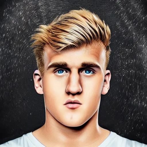 Image similar to a realistic detailed photo of boxer & youtuber jake paul with a mind control chip on his head, blank stare, shiny skin, becoming a mindless robot