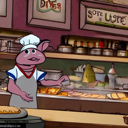 Image similar to A rat working as a chef in a run down New York City diner, High Definition Animated Still