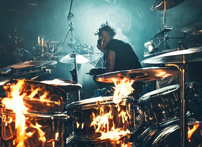 Prompt: drummer at a club playing punk rock drums on fire highly detailed, concert lighting huge speakers, atmosphere, highlighted, cinematic, art by jan urschel and neil blevins