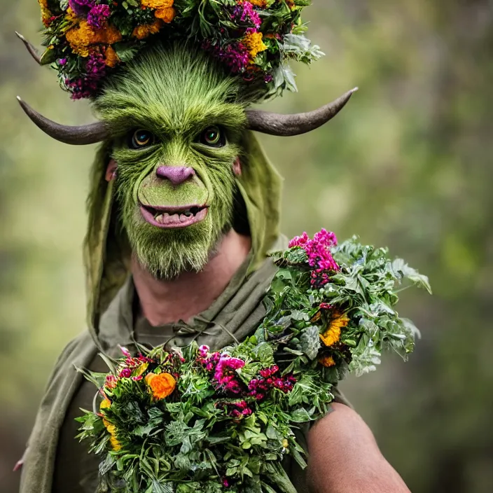 Prompt: a green-horned goblin monster wearing a cloak made of flowers, by Omar Z. Robles, CANON Eos C300, ƒ1.8, 35mm, 8K, medium-format print