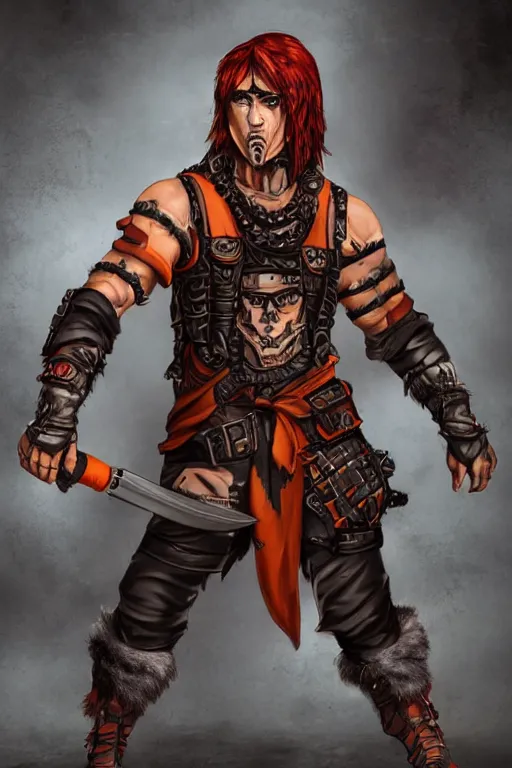 Prompt: Full body Picture of a Male barbarian, retro-futuristic steampunk, black leahter gloves, red leather short coat, marked muscles, dark brown skin, detailed face, light grey hair, orange eyes, combat stance, black denim pants, intrincate clothing, hi-tech hatchet, metallic shield, urban fantasy, tech city in the background, D&D, by artgerm and Craig Mullins, James Jean, Andrey Ryabovichev, Mark Simonetti and Peter Morbacher, matte painting, trending on artstation, artstationHD, artstationHQ, octane, full HD, 16K