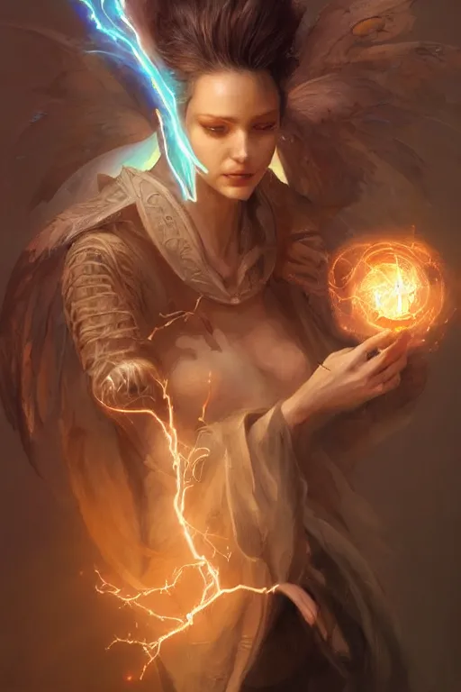 Image similar to portrait of a beautiful model presenting a roll, casting magic spell holding electricity, angel, fantasy, dramatic lighting, highly detailed, digital painting, holding electricity, magic the gathering, hyper detailed, 3 d render, hyper realistic detailed portrait, peter mohrbacher, wlop, ruan jia