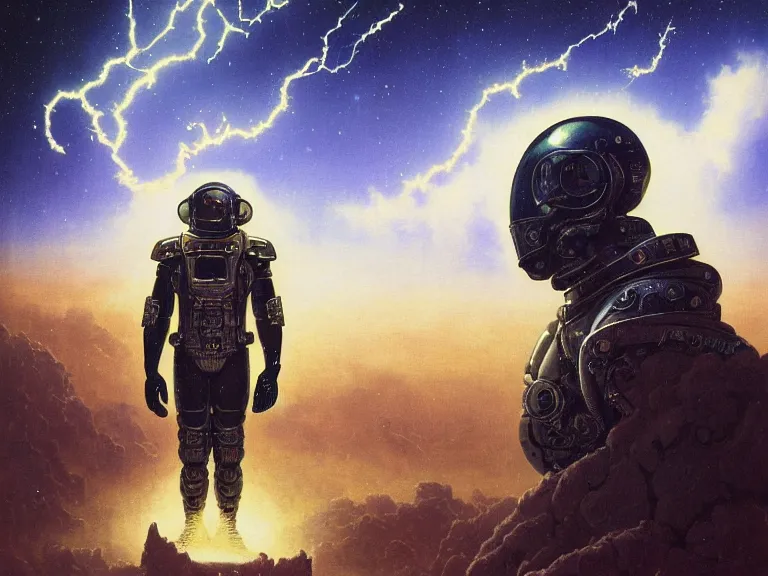 Prompt: a detailed profile oil painting of a lone bountry hunter in a space armour with reflective helmet, cinematic sci-fi poster. technology flight suit, bounty hunter portrait symmetrical and science fiction theme with lightning, aurora lighting clouds and stars by beksinski carl spitzweg and tuomas korpi. baroque elements, full-length view. baroque element. intricate artwork by caravaggio. Trending on artstation. 8k