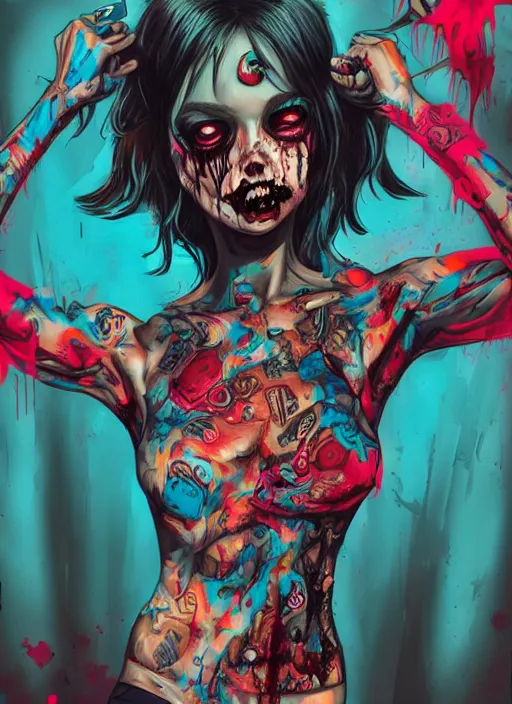 Prompt: zombie girl hiphop streetwear drip, tristan eaton, victo ngai, artgerm, rhads, ross draws