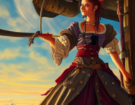 Image similar to painting of an old pirate queen standing on her ship. she is kind, wise, fierce. her swords are at her side. a young girl stands next to her, smiling. lush detail and color. fantasy, anime illustration, intricate, sharp focus, 8 k resolution, frostnine engine