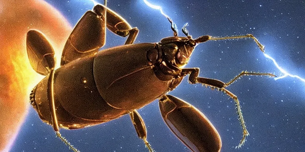 Prompt: lightning bug descendant 1 million in the future is a quadruped with big eyes. the bug wears a spacesuit, and explores the cosmos in a bug - shaped spaceship. science fiction blockbuster movie bugs save the planet or the love bug from saturn, starship troopers ( 1 9 9 7 ), up ( 2 0 0 9 )