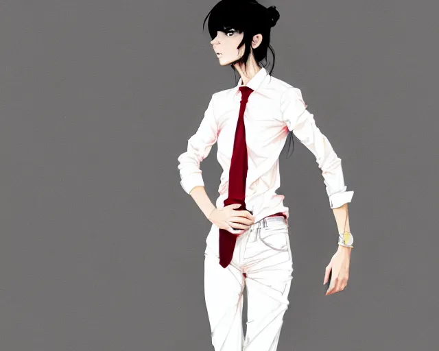 Image similar to a ultradetailed full body portrait of a woman dressed in a white shirt with a tie, by conrad roset, greg rutkowski and makoto shinkai trending on artstation