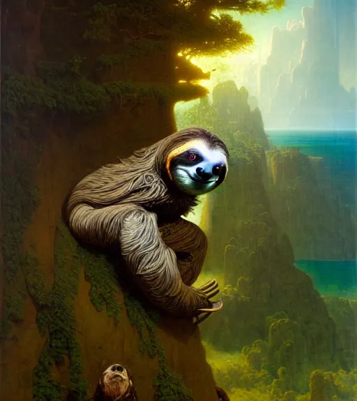 Prompt: a sloth regretting its life choices by albert bierstadt and mœbius and peter mohrbacher, hyperrealism, highly detailed, intricate details