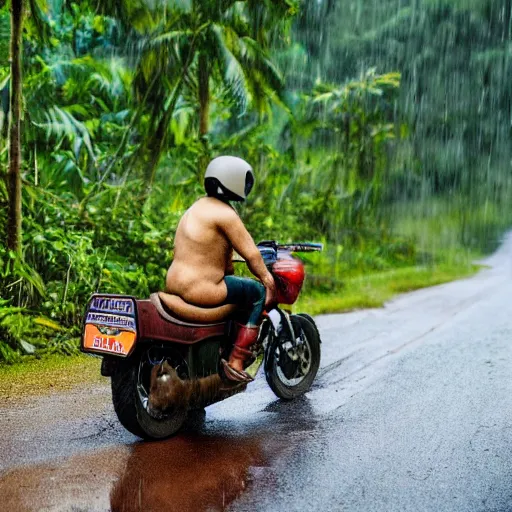 Image similar to a giant potato riding a motorcycle through the jungle, low angle with rain and lightning