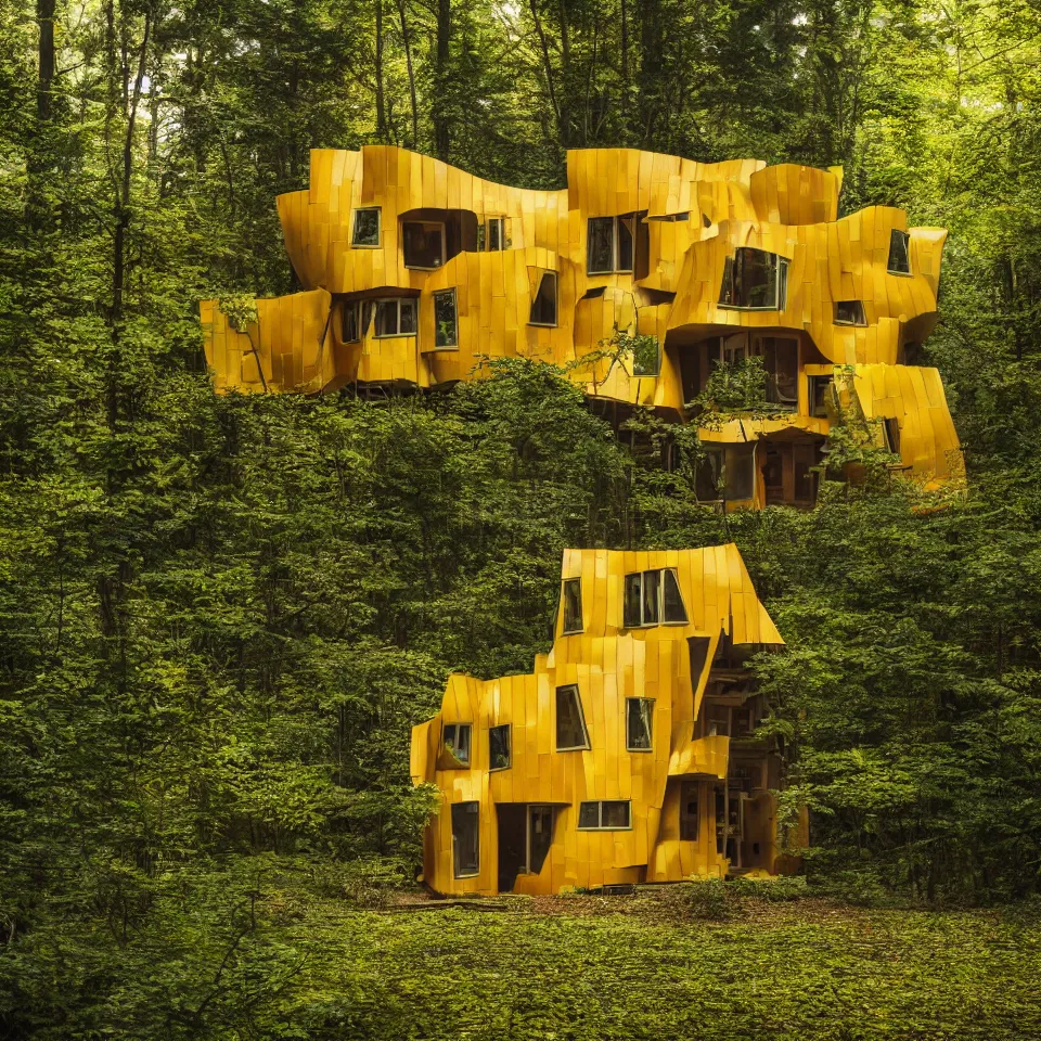 Image similar to a tiny house in the forest, designed by Frank Gehry. Tiles. Film grain, cinematic, yellow hue