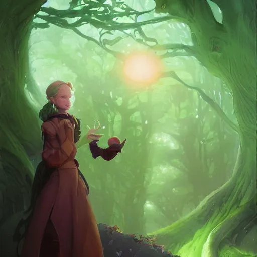 Prompt: a girl accepting an apple from a green skinned witch, by Jordan Grimmer and greg rutkowski, crisp lines and color,