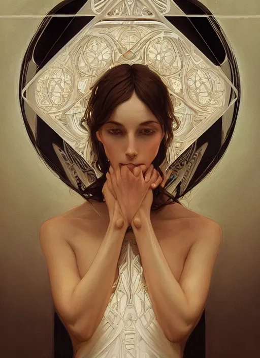 Image similar to symmetry!! hands, machine parts embedded into face, intricate, elegant, highly detailed, digital painting, artstation, concept art, smooth, sharp focus, illustration, art by artgerm and greg rutkowski and alphonse mucha, 8 k