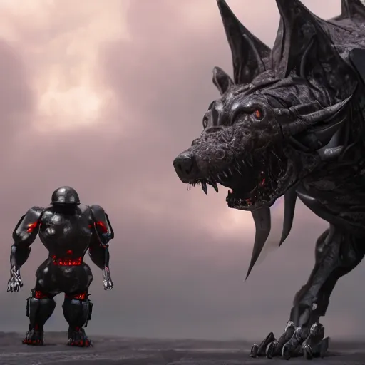 Prompt: hybrid of a cyborg dog and a steel golem kaiju, ultra detailed, 8 k, rule of thirds, professional lighting, unreal engine.