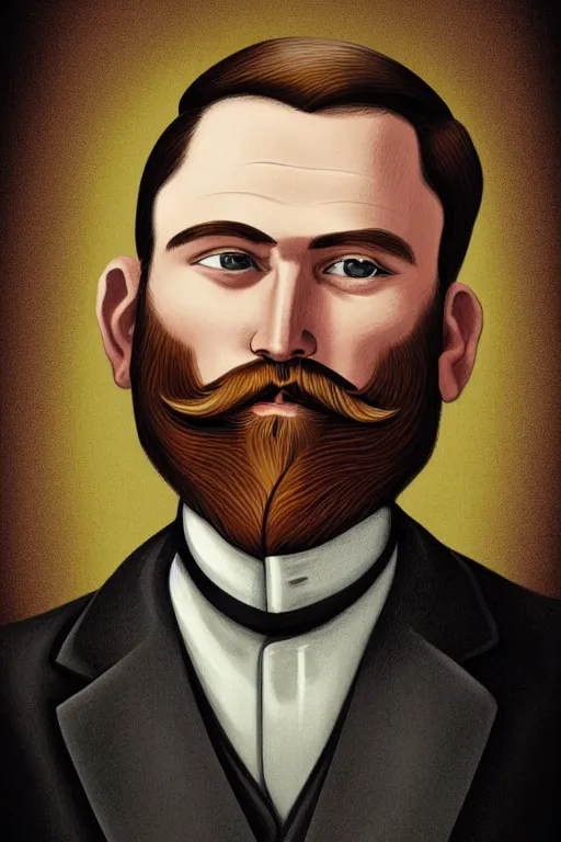 Image similar to an illustration of a portrait of a respectable dignified 1 9 3 0's era mennonite preacher with kind eyes and trimmed red beard and conservative haircut in the style of art - deco artwork art by kyle ferrin and loish!, digital art, highly detailed, intricate, sharp focus, trending on artstation hq, deviantart, 4 k uhd image