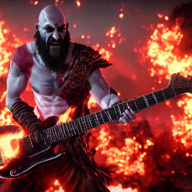 Image similar to glowing eyes kratos shredding on a flaming stratocaster guitar, cinematic render, god of war 2 0 1 8, santa monica studio official media, flaming eyes, lightning