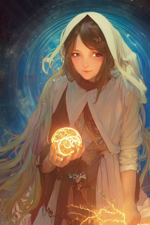 Prompt: a cute wizard girl conjuring a lightening ball, character art portrait, anime key visual, official media, illustrated by alphonse mucha, wlop, extremely detailed, 8 k, trending on artstation, cinematic lighting, beautiful