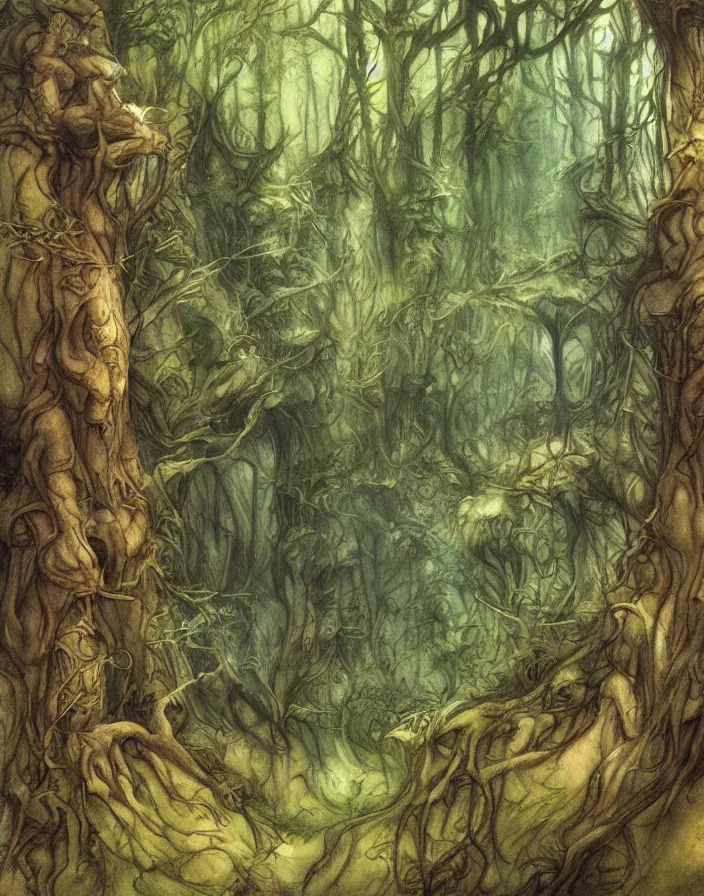 Image similar to painting of a forest by Tony Diterlizzi and Brian Froud, cinematic, breathtaking, beautiful composition, painterly