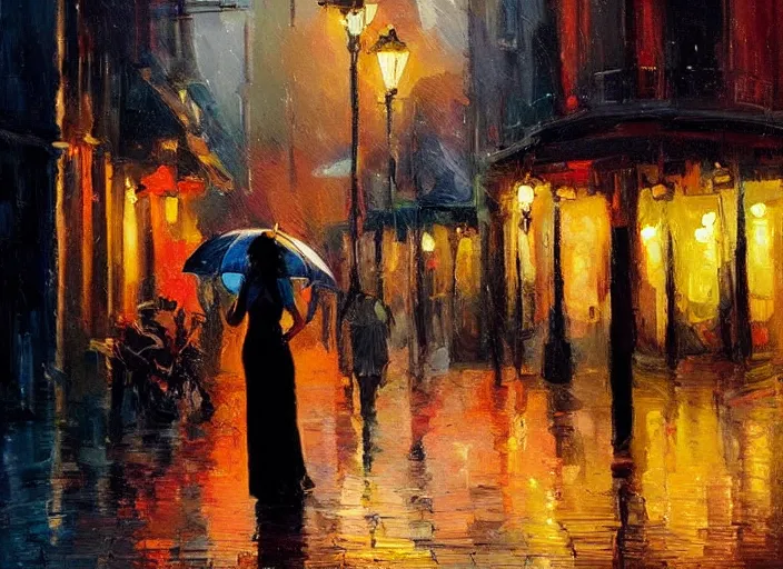 Image similar to evening city scene with young woman with umbrella. beautiful use of light and shadow to create a sense of depth and movement. using energetic brushwork and a limited color palette, providing a distinctive look and expressive quality in a rhythmic composition