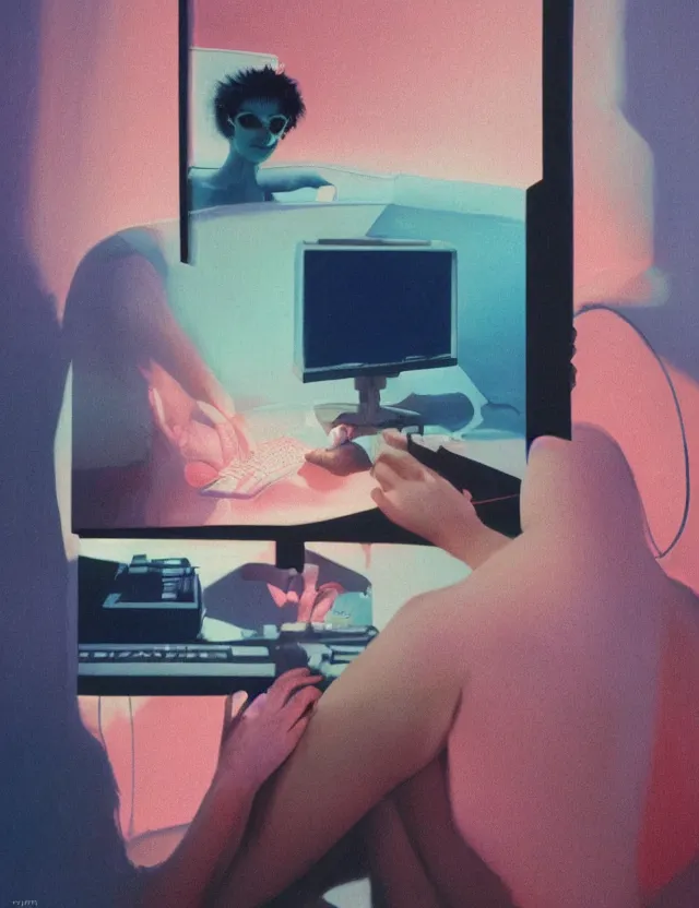 Prompt: woman playing computer games n dark room, blue rays from monitor, redshift, wide shot, coloured polaroid photograph, pastel, kodak film, hyper real, stunning moody cinematography, by maripol, fallen angels by wong kar - wai, style of suspiria and neon demon, david hockney, detailed, oil on canvas