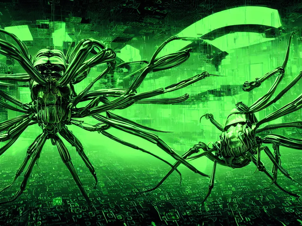 Image similar to a terrifying giant bug emerging from strands of neon green computer code text, matrix, hyperrealistic, digital painting, 8 k, artstation, very detailed