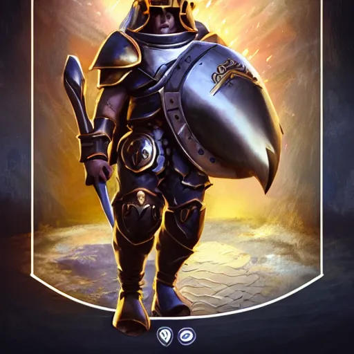 Prompt: animated armor with a helmet face and a sun emblem on his chest, far - mid shot photo, style of magic the gathering, dungeons and dragons, fantasy, intimidating