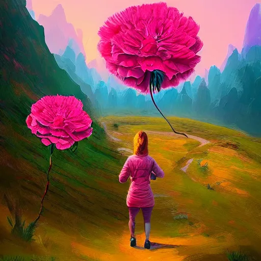 Image similar to giant carnation flower as a head, girl hiking in a canyon, surreal photography, sunrise, dramatic light, impressionist painting, colorful clouds, digital painting, artstation, simon stalenhag