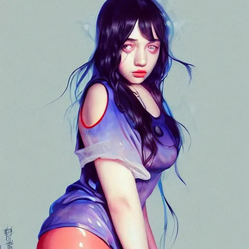 Prompt: a beautiful billie eilish kat dennings alluring gravure model in elaborate latex tank top, by guweiz and wlop and ilya kuvshinov and artgerm and makoto shinkai and studio ghibli, symmetrical eyes, aesthetic, gorgeous, stunning, alluring, attractive, artstation, deviantart, pinterest, digital art