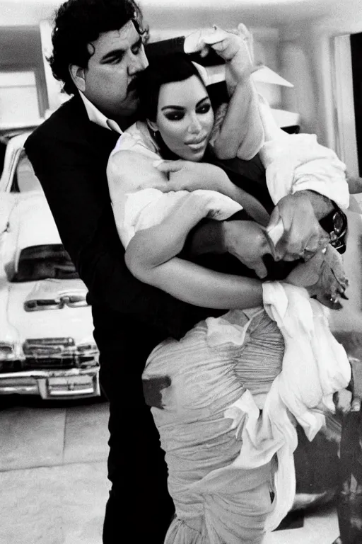 Image similar to Pablo Escobar hugging kim kardashian inside a mafia penthouse