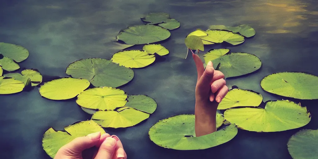 Image similar to A hand holding a water lily, night dramatic lighting, blue, yellow and purple tones, wide camera angle, matte painting, trending on ArtStation, concept art, delightful surroundings, high detail, sharp contrast, ray tracing, picturesque artwork by Mike Winkelmann, artwork by Ridley Scott, 4K, 8K, super graphically realistic detailed, high definition, HDR